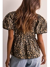 cheap Women&#039;s Graphic Tops-Women&#039;s Blouse Leopard Active Modern Short Sleeve Crew Neck Regular Tops Daily Going out Ruched Brown Summer
