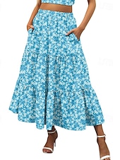 economico Gonne grafiche-Per donna Gonna Svasato Casual Maxi Vita media Gonne Floreale Stampato Micro-elastico Vacanza Uscire Rosso Viola Blu scuro Azzurro Estate Misto Cotone