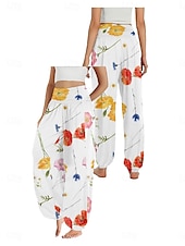 economico Pantaloni-Per donna Pantaloni ispirati al lino Gamba larga Pantaloni Stile Etnico Casual Boho Lunghezza intera Vita Alta Floreale Foglia Tropicale Tasca Elastico in vita Stampa Traspirabilità Morbido
