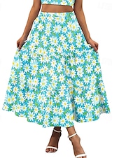 economico Gonne grafiche-Per donna Gonna Svasato Casual Maxi Vita media Gonne Floreale Stampato Micro-elastico Vacanza Uscire Rosso Viola Blu scuro Azzurro Estate Misto Cotone