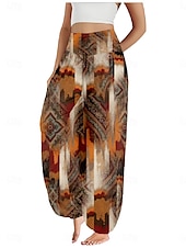 preiswerte Hose aus Baumwollleinen mit Grafik-Damen Leinen-inspirierte Hosen Weites Bein Hosen Hose Ethno-Stil Lässig Boho Volle Länge Hohe Taille Blumen Grafik Paisley-Muster Tasche Elastischer Bund Drucken Atmungsaktivität Weich Mikroelastisch