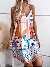 ieftine Rochie cu dungi și geometrică-Pentru femei Rochie Mini Rochie A line Rochie de vară Rochie Slip Vacanță Casual Boho Zilnic Ieșire Potrivire Largă Grafic Geometric Abstract Fără manșon În V Portocaliu Vară