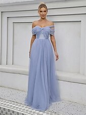 baratos Vestidos para Madrinhas-Linha A Vestido de Madrinha Ombro a Ombro Sem Manga Elegante Longo Tule com Cor Única 2022