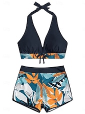 preiswerte Bikini-Sets-Womens Badeanzüge Bikini 2 Teile Shorts Badeanzug Rückenfrei Schlank Urlaub Strandmode Floral Halterhals Ärmellos Badeanzüge