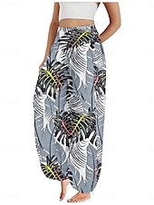economico Pantaloni in cotone e lino con grafica-Per donna Pantaloni ispirati al lino Gamba larga Pantaloni Stile Etnico Casual Boho Lunghezza intera Vita Alta Floreale Foglia Tropicale Tasca Elastico in vita Stampa Traspirabilità Morbido