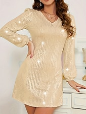 abordables Robe Simple-Femmes Mini Robe Robes à paillettes Robe Décontractée Mode Moderne Quotidien Week-end Coupe régulière Uni manche longue Col en V Abricot Été