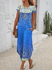 preiswerte Boho Kleid-Damen Midikleid T-Shirt-Kleid Sommerkleid Urlaub Boho Strand Täglich Normale Passform Grafik Stammes Abstrakt Kurzarm Rundhalsausschnitt Königliches Blau Blau Purpur Orange Sommer