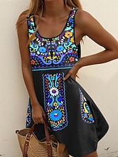 billiga Boho klänningar-Dam Mini klänning A linjeklänning Sommarklänning Off Shoulder Klänning Semester Ledigt Dagligen Normal Blommig Grafisk Stam Ärmlös U-hals Rubinrött Blå Grön Sommar
