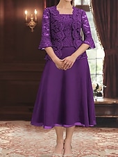 cheap Under $129.99-Dress Sets Mother of the Bride Dress Elegant Simple Scoop Neck Tea Length Chiffon Polyester Lace Long Sleeve with Lace Solid Color