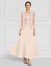 preiswerte Mit Jacke-Zweiteilig Kleid-Sets Brautmutterkleid Hochzeitsgast Kirche Elegant Rundhalsausschnitt Knöchellänge Chiffon Langarm mit Spitze Stickerei 2025