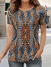 billige Dyrene tee-Dame T skjorte Grafisk Leopard Årgang Stilfull Fritid Kortermet Crew-hals Rund hals Vanlige topper Daglig Trykt mønster Blå Sommer Vår
