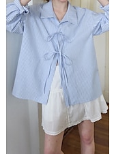 abordables Chemises-Femmes Chemise Boutonner Chemise en coton et lin Uni Rayé Élégant Moderne manche longue Col de chemise Hauts Réguliers Fête Sortir Nœud devant Blanche Bleu Bleu clair Été