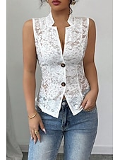 cheap Lace Tops-Women&#039;s Blouse Lace Tops Plain Elegant Modern Sleeveless V Neck Regular Tops Daily Holiday Going out Lace White Summer