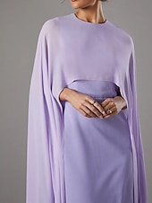 preiswerte lila-Cape Kleid Sheath  Column Abendkleid Elegantes Kleid Formale Hochzeit Bodenlang Ärmellos Rundhalsausschnitt Chiffon