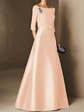 abordables BLEU-Robe de soirée A-Line élégante robe de fiançailles formelle soirée longueur sol manches demi épaule dénudée invité de mariage en chiffon avec fronces
