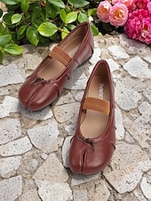 tanie Buty na płaskim obcasie damskie-damskie brązowe płaskie półbuty typu Mary Jane z rozciętym palcem i elastycznym paskiem – skórzane buty retro na codzienne randki i weekendowe wyjścia