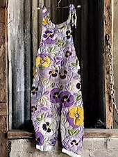 billige uformelle jumpsuits-Kvinners vide ben overalls chinos ferie vintage mote full lengde høy midje blomstertrykk termisk varm pustende myk mikroelastisk ferie gate uformell fiolett rosa robins egg