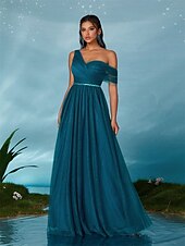 economico BLU-Abiti da festa A-Line Quinceañera Abito da festa Matrimonio Ospite di matrimonio Lunghezza del pavimento Senza maniche Scollo a V Tulle Senza schienale con Faldini