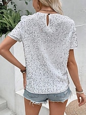 economico T-shirt semplice-Per donna Blusa Paillettes Tinta unica Elegante Casual Manica Corta Girocollo Top Regolari Quotidiano Nero Bianco Rosa Oro Estate Primavera