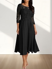 abordables Longueur du thé-Robe Mère de la Mariée A-Line Invité de Mariage Élégante Col Arrondi Longueur Thé Chiffon Manches 3/4 avec Plis Appliques Robe Midi 2025