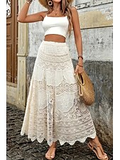 ieftine fuste-fuste de in din bumbac pentru femei fuste maxi casual boemia cu talie medie din dantelă uni micro-elastic vacanță stradă migdale vară amestec de bumbac in