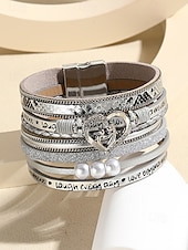 abordables Bracelet pour femme-Bracelet magnétique en similicuir pour femme – Bracelet manchette en alliage avec breloque cœur et perle et texte inspirant, bijou tendance style bohème, idéal pour la fête des mères, les anniversaires et les tenues décontractées.