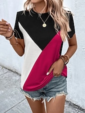 abordables T-shirt rayé et géométrique-Femmes Chemisier Géométrique Occasionnel Chaussures de plage Manche Courte Col ras du cou Hauts Réguliers Quotidien Imprimé Rose Claire Fuchsia Vert Gris Été Printemps
