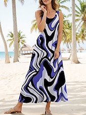 cheap Stripe&amp;Geometric Dress-Women&#039;s Midi Dress Casual Dress Sundress A Line Dress Off The Shoulder Dress Vacation Casual Regular Fit Graphic Geometric Sleeveless U Neck Scoop Neck Blue Purple Green Khaki Summer Spring
