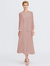 voordelige Met Jas-Strand Bruiloft Twee Delige Sheath Moeder van de Bruid Jurk Bruids Gast Elegante Plus Size Edelsteenhals Thee Lengte Chiffon Mouwloos Wrap Inbegrepen met Ceintuur  Riem Plooien Beading 2025