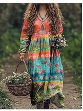 tanie Sukienki boho-Damskie Długa sukienka sukienka maxi Codzienne sukienki Letnie sukienki Sukienka Boho Plemienny Urlop Codzienny Regularny Kwiaty Długi rękaw W serek Czarny Rumiany róż Burgundowy Niebieski Lato