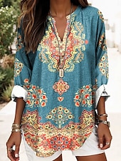 billiga Kvinnors Boho-toppar-Kvinnors Boho Blus Grafik Geometrisk Elegant Daglig Lång Ärmar V-Hals Regular Toppar Dagligt Tryck Svart Gul Röd Blå Guld Sommar Vår
