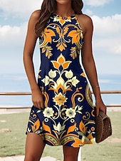 abordables Robes fleuries-Femmes Mini Robe Robe d&#039;été Vacances Occasionnel Quotidien Coupe régulière Fleuri Graphique Sans manches Col Halter Jaune Rouge Bleu Été