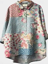 billige Blomstrete topper-Dame Skjorte Blomstret Elegant Bohem Stilfull Langermet Crew-hals Vanlige topper Daglig Ferie Strand Klær Knapper Trykt mønster Blå Fuksia Grønn Beige Lyseblå Sommer Vår