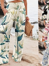 billiga Grafisk linnebyxa i bomull-Dam Brett skaft Byxor av linne i bomull Byxor Streetwear Ledigt Fullängd Naturlig Blommig Ficka Tryck Bekväm Utomhus Utomhus Semester Gata Svartgrå Orangeröd Skogsgrön Fördjupad grön Sommar Normal
