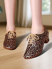 abordables Chaussures de danses latines-Chaussures de danse latine à lacets et imprimé léopard pour femmes – Chaussures d&#039;entraînement à talon bas pour adultes et événements sociaux