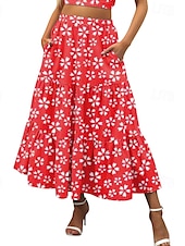 economico Gonne grafiche-Per donna Gonna Svasato Casual Maxi Vita media Gonne Floreale Stampato Micro-elastico Vacanza Uscire Rosso Viola Blu scuro Azzurro Estate Misto Cotone