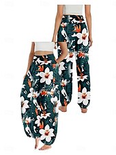 billiga Grafisk linnebyxa i bomull-Dam Linneinspirerade byxor Brett skaft Byxor Etnisk Stil Ledigt Boho Fullängd Hög midja Blommig Löv Tropisk Ficka Elastisk midja Tryck Mateial som andas Mjuk Microelastisk Utomhus Yoga Svart Rosa