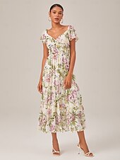 baratos Vestidos Florais Elegantes-Feminino Vestido de chiffon Vestido Longo Amarelo Verão Decote Princesa Elegante Férias Moda S M L