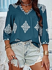 baratos Tops Boho Femininos-Mulheres Blusa Geométrica Boêmia Casual Manga 3/4 Manga Princesa Decote V Tops regulares Diário Imprimir Rosa Azul Marinha Roxo Verde Verão Primavera