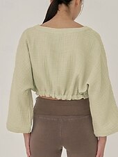 billige Skjorter-Dame Linskjorte Bluse عادي Fritid Langermet V-hals Crop Tops Daglig Ut på byen knyte foran Hvit Gul Brun Sommer