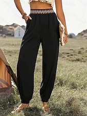 ieftine picior lat și talie înaltă-Pentru femei Pantaloni Casual Boho Lungime totală Natural Floare Peteci Talie elastică Exterior Comfortabil Stradă Ieșire Negru Vară Fit regulat
