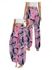 economico Pantaloni in cotone e lino con grafica-Per donna Pantaloni ispirati al lino Gamba larga Pantaloni Stile Etnico Casual Boho Lunghezza intera Vita Alta Floreale Foglia Tropicale Tasca Elastico in vita Stampa Traspirabilità Morbido