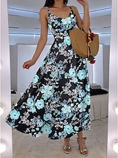 preiswerte Blumenkleider-Damen Maxikleid A Linie Kleid Unterkleid Urlaub Lässig Boho Hochzeit Outdoor Ausgehen Normale Passform Blumen Grafik Ärmellos V Ausschnitt Rosa Blau Orange Sommer Frühling