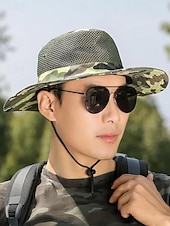 preiswerte Herrenhüte-Herren-Sonnenhut aus Camouflage-Netzgewebe mit breiter Krempe und Kinnriemen – atmungsaktiver Outdoor-Wander- und Angelhut für Sommerreisen und Camping