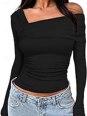 preiswerte Damen Einfache Oberteile-Damen Bluse Einfach Modern Y2K Langarm V Ausschnitt Normale Oberteile Täglich Ferien Gerafft Schwarz Weiß Rosa Kamel Braun Sommer