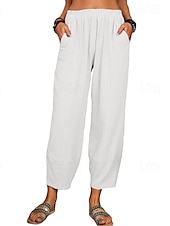 baratos Calça de linho de algodão simples-Mulheres Calças de linho de algodão Calças Roupa de rua Casual Comprimento total Natural Tecido Bolsos Cintura elástica Confortável Para Noite Final de semana Vinho Cinzento Preto Branco Verão Normal