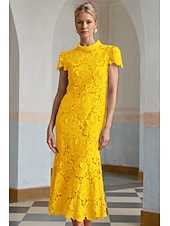 abordables Robes de cocktail-Robe Cocktail Colonne Jaune Bleue Élégante Robe Brodée Mariage Formelle Longueur Cheville Manches Courtes Col Montant Dentelle avec Fente