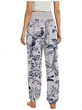billiga Grafisk linnebyxa i bomull-Dam Linneinspirerade byxor Brett skaft Byxor Etnisk Stil Ledigt Boho Fullängd Hög midja Blommig Ficka Elastisk midja Tryck Mateial som andas Mjuk Microelastisk Utomhus Yoga Flodblå Blå Grön Beige