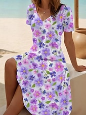 abordables Robes de vacances-Femmes Robe Midi Robe Décontractée Robe de patinage Robe d&#039;été Mode Moderne Quotidien Plage Week-end Coupe régulière Fleuri Manche Courte Col en V Noir Blanche Bleu Violet Été