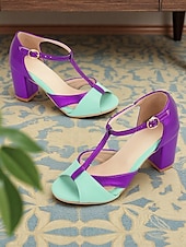 abordables Années 1950-Sandales à talons épais vert menthe et violet pour femmes, avec brides en T – Chaussures habillées de style rétro des années 1950 pour des événements d&#039;été élégants